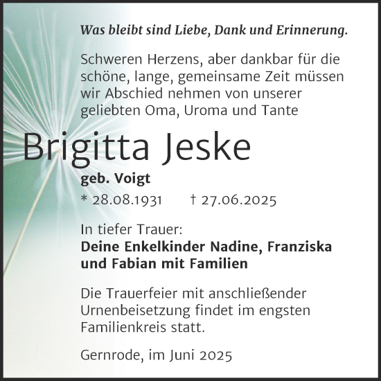 Traueranzeige von Brigitta Jeske von Trauerkombi Quedlinburg