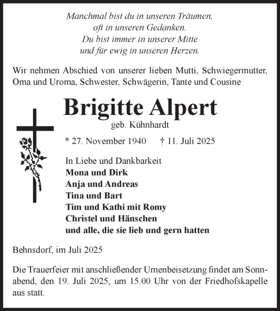 Traueranzeige von Brigitte Alpert von Volksstimme Haldensleben/Wolmirstedt