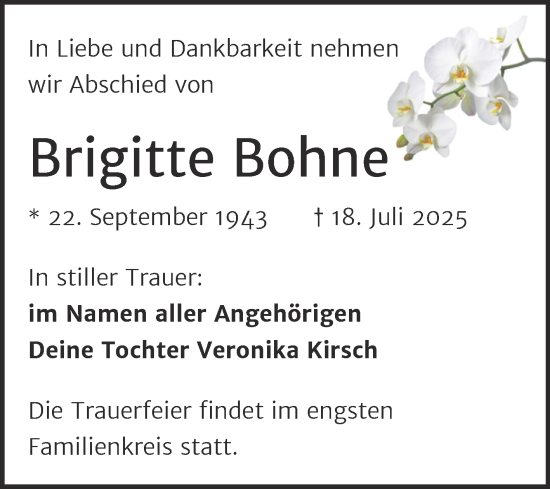 Traueranzeige von Brigitte Bohne von Trauerkombi Dessau