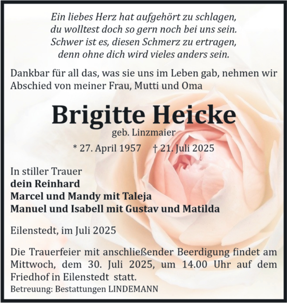  Traueranzeige für Brigitte Heicke vom 26.07.2025 aus Volksstimme Halberstadt