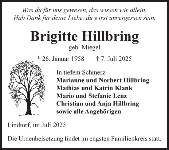 Traueranzeige von Brigitte Hillbring von Volksstimme Altmark Ost