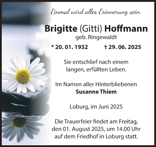 Traueranzeige von Brigitte Hoffmann von Volksstimme Zerbst