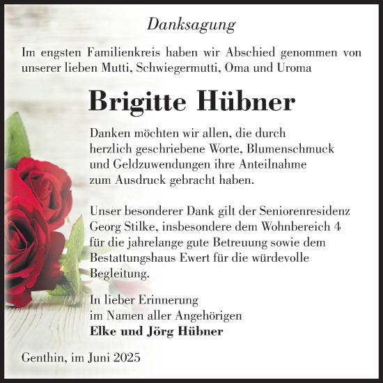 Traueranzeige von Brigitte Hübner 