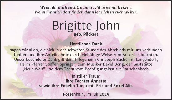 Traueranzeige von Brigitte John von Super Sonntag Naumburg/Nebra