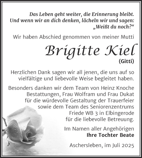 Traueranzeige von Brigitte Kiel von Trauerkombi Aschersleben