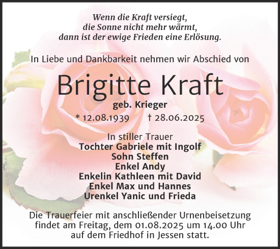 Traueranzeige von Brigitte Kraft von Trauerkombi Wittenberg