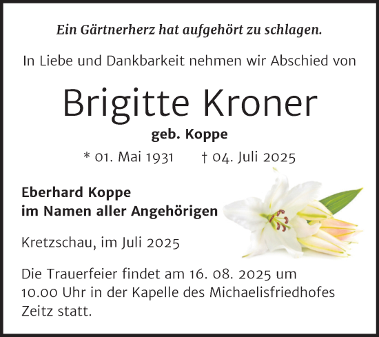 Traueranzeige von Brigitte Kroner von Trauerkombi Zeitz