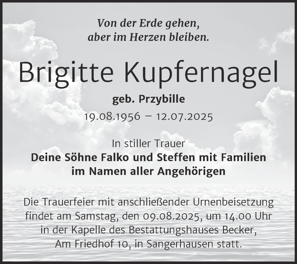  Traueranzeige für Brigitte Kupfernagel vom 26.07.2025 aus Trauerkombi Sangerhausen