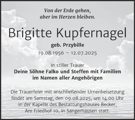 Traueranzeige von Brigitte Kupfernagel von Trauerkombi Sangerhausen