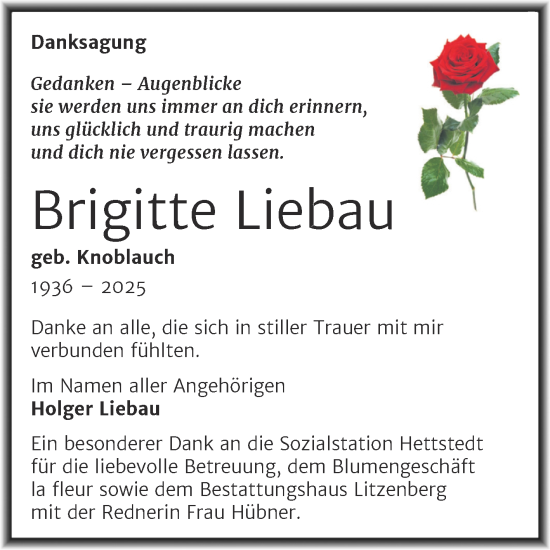 Traueranzeige von Brigitte Liebau von Trauerkombi Mansfelder Land