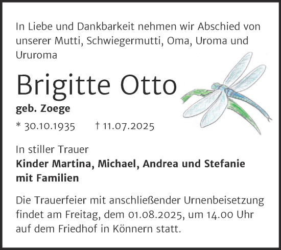 Traueranzeige von Brigitte Otto von Trauerkombi Bernburg