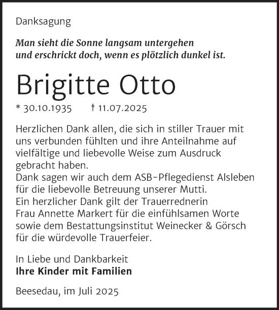 Traueranzeige von Brigitte Otto von Super Sonntag Bernburg