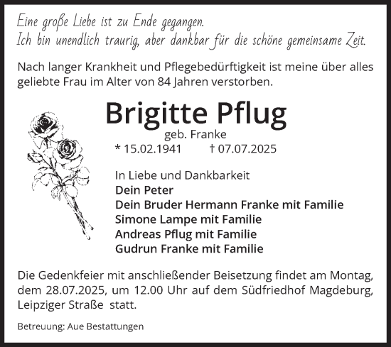 Traueranzeige von Brigitte Pflug von Volksstimme Magdeburg
