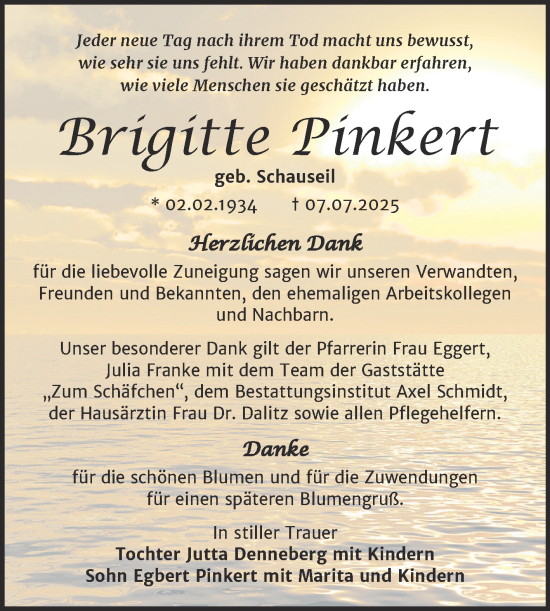 Traueranzeige von Brigitte Pinkert von Trauerkombi Merseburg