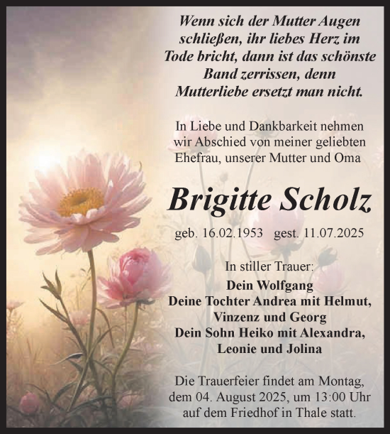 Traueranzeige von Brigitte Scholz von Trauerkombi Quedlinburg