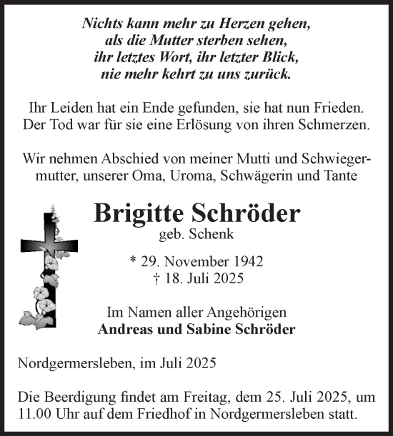 Traueranzeige von Brigitte Schröder von Volksstimme Haldensleben/Wolmirstedt
