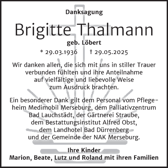 Traueranzeige von Brigitte Thalmann von Trauerkombi Merseburg