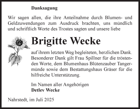 Traueranzeige von Brigitte Wecke von Volksstimme Altmark Ost