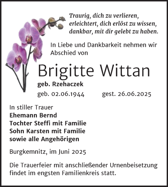 Traueranzeige von Brigitte Wittan von Trauerkombi Bitterfeld