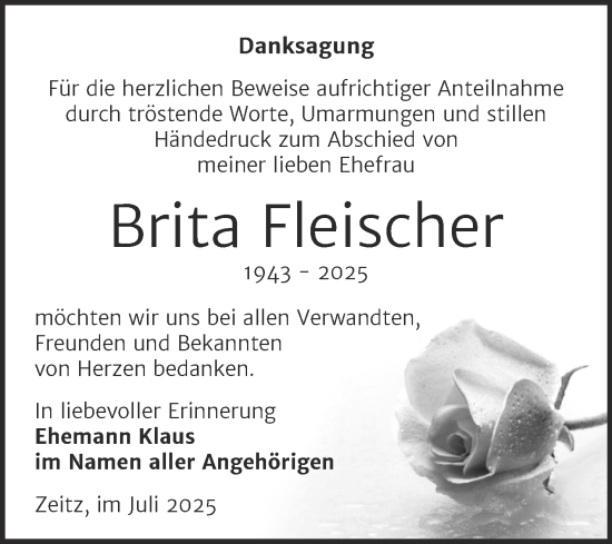 Traueranzeige von Brita Fleischer von Trauerkombi Zeitz