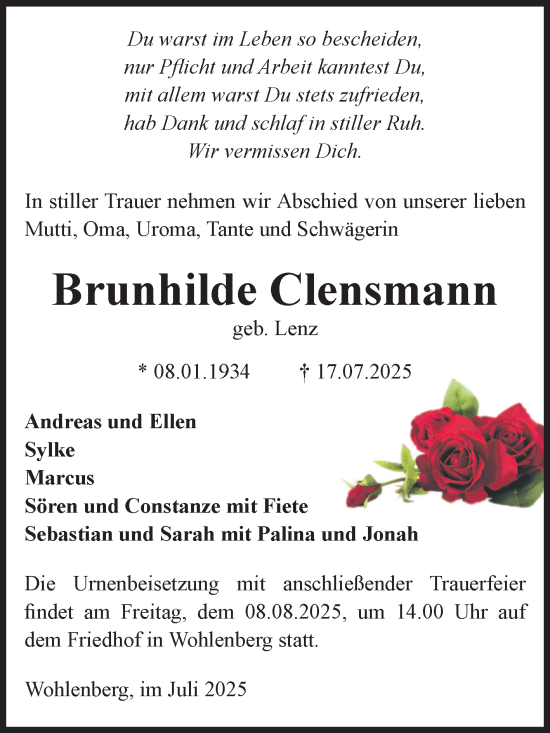 Traueranzeige von Brunhilde Clensmann von Volksstimme Altmark Ost