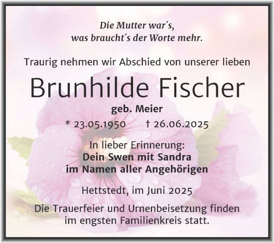 Traueranzeige von Brunhilde Fischer von Trauerkombi Mansfelder Land