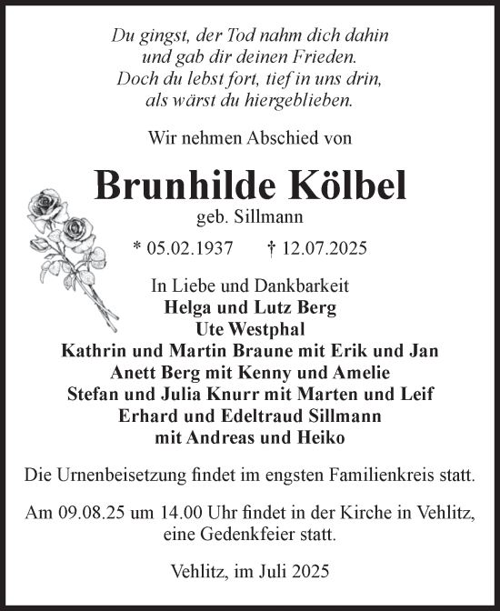 Traueranzeige von Brunhilde Kölbel von Volksstimme Burg/Genthin