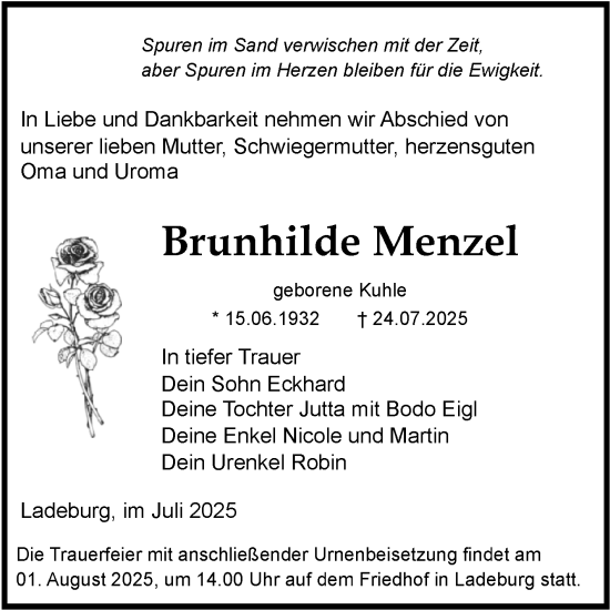 Traueranzeige von Brunhilde Menzel von Volksstimme Zerbst