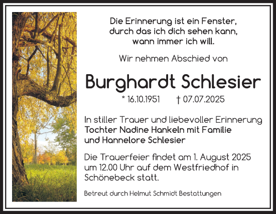 Traueranzeige von Burghardt Schlesier von Volksstimme Schönebeck
