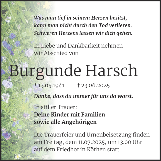 Traueranzeige von Burgunde Harsch von Trauerkombi Köthen