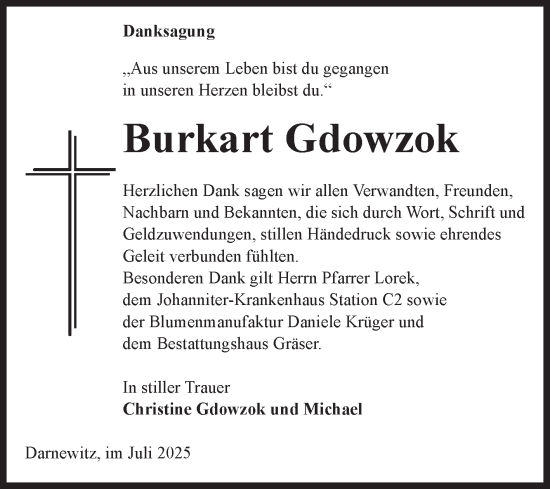Traueranzeige von Burkart Gdowzok von Volksstimme Altmark Ost