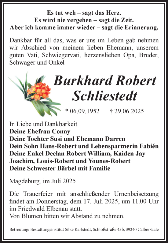 Traueranzeige von Burkhard Robert von Volksstimme Magdeburg