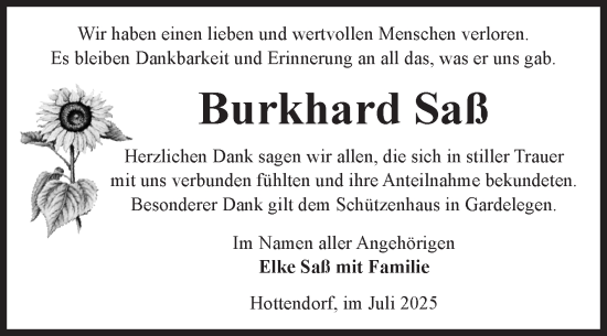 Traueranzeige von Burkhard Saß von Volksstimme Altmark West