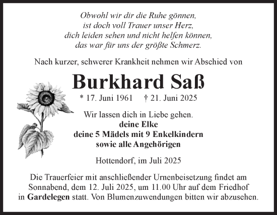 Traueranzeige von Burkhard Saß von Volksstimme Altmark West