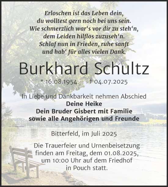 Traueranzeige von Burkhard Schultz von Trauerkombi Bitterfeld
