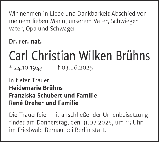 Traueranzeige von Carl Christian Wilken Brühns von Mitteldeutsche Zeitung Halle/Saalkreis