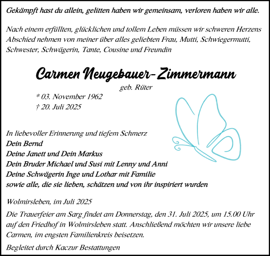 Traueranzeige von Carmen Neugebauer-Zimmermann von Volksstimme Staßfurt