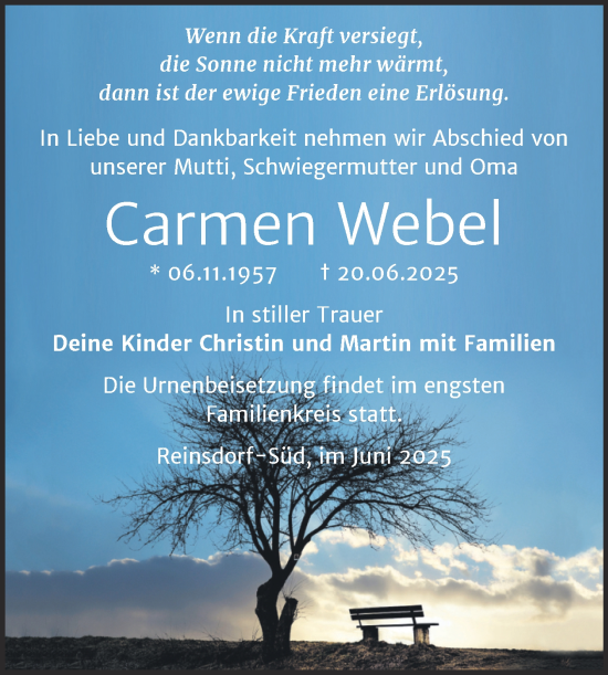 Traueranzeige von Carmen Webel von Trauerkombi Wittenberg