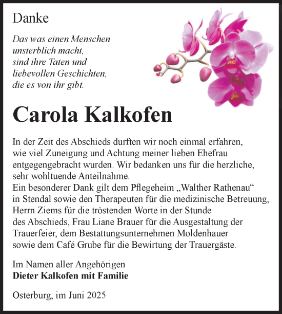 Traueranzeige von Carola Kalkofen von Volksstimme Altmark Ost