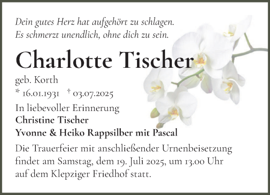 Traueranzeige von Charlotte Tischer von Mitteldeutsche Zeitung Halle/Saalkreis