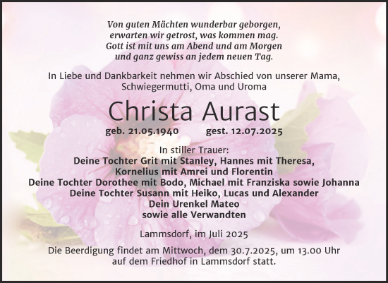 Traueranzeige von Christa Aurast von Trauerkombi Wittenberg
