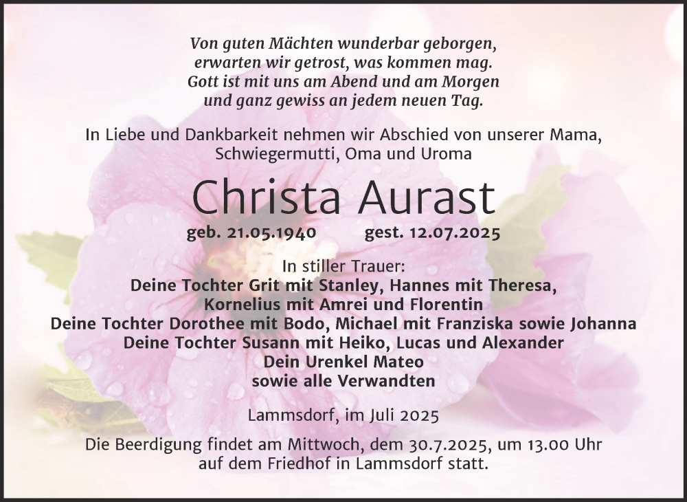 Traueranzeige für Christa Aurast vom 19.07.2025 aus Trauerkombi Wittenberg