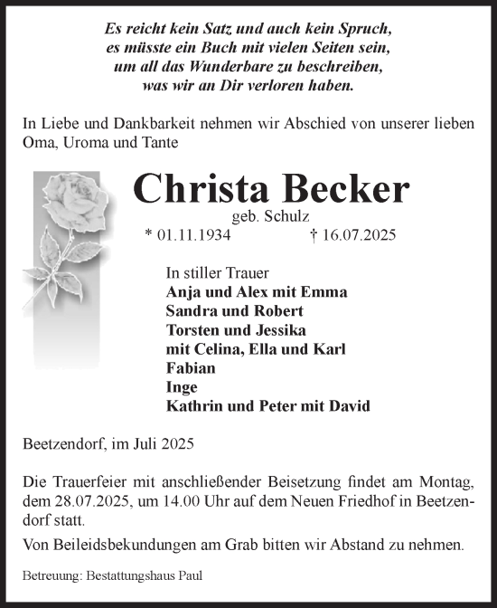Traueranzeige von Christa Becker von Volksstimme Altmark West