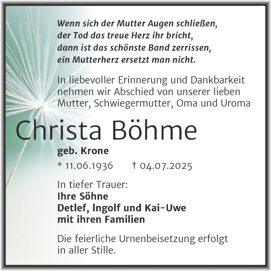 Traueranzeige von Christa Böhme von Trauerkombi Mansfelder Land