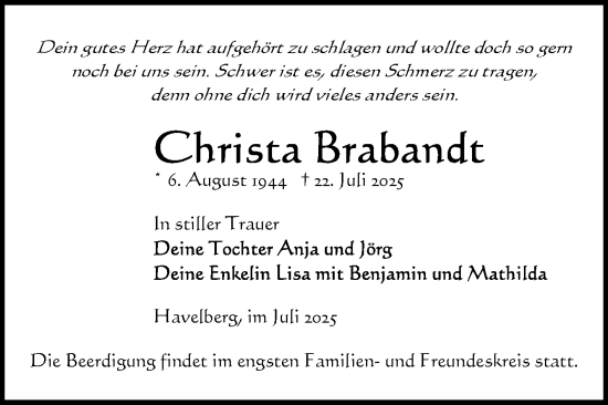 Traueranzeige von Christa Brabandt von Volksstimme Altmark Ost