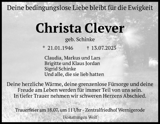 Traueranzeige von Christa Clever von Volksstimme Wernigerode