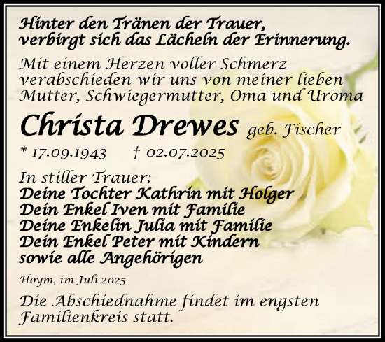 Traueranzeige von Christa Drewes von Trauerkombi Aschersleben