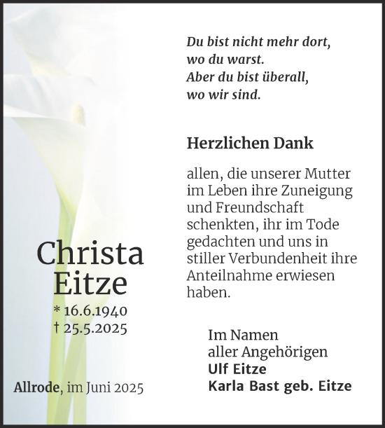 Traueranzeige von Christa Eitze von Trauerkombi Quedlinburg