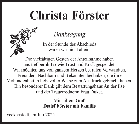 Traueranzeige von Christa Förster von Volksstimme Wernigerode
