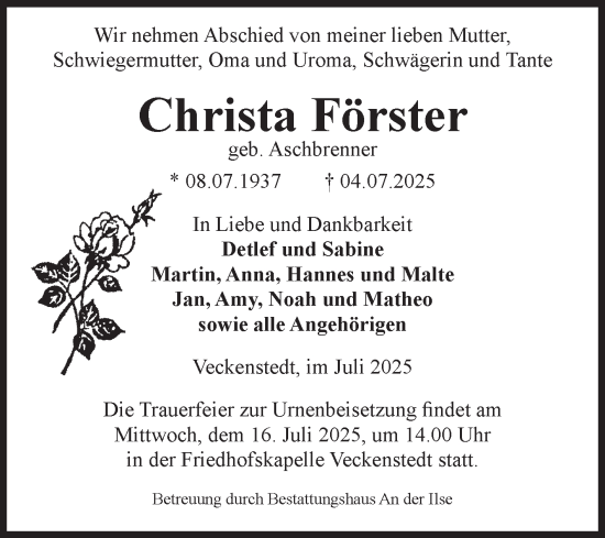 Traueranzeige von Christa Förster von Volksstimme Wernigerode